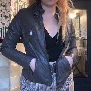 Grey/brown vegan pleather/leather motorcycle jacket coat outerwear form fitting